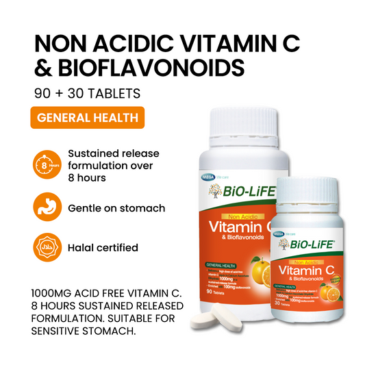 BiO-LiFE Non-Acidic Vitamin C & Bioflavonoids 90 tablets + 30 tablets (EXPIRY DATE JUL 2028)