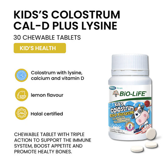 BiO-LiFE Kid’s Colostrum Cal-D Plus Lysine 30 chewable tablets (EXPIRY DATE JUL 2027)
