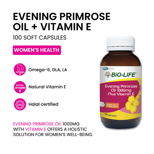 BiO-LiFE Evening Primrose Oil 1000mg & Vitamin E 100 capsules (EXPIRY DATE MAR 2027)