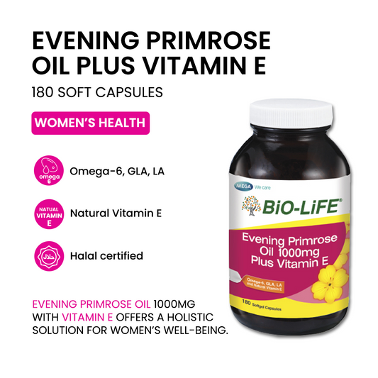 BiO-LiFE Evening Primrose Oil 1000mg & Vitamin E 180 capsules (EXPIRY DATE MAR 2027)