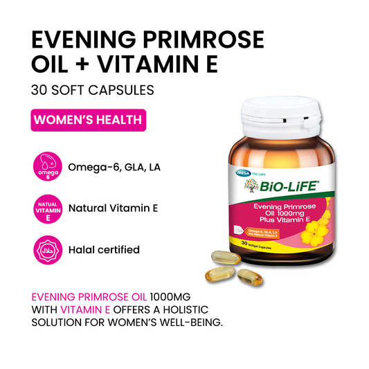 BiO-LiFE Evening Primrose Oil 1000mg & Vitamin E 30 capsules (EXPIRY DATE AUG 2027)