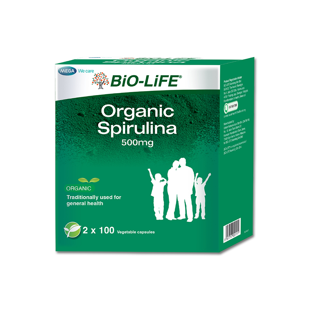 BiO-LiFE Organic Spirulina 500mg [ 2 x 100 capsules ]