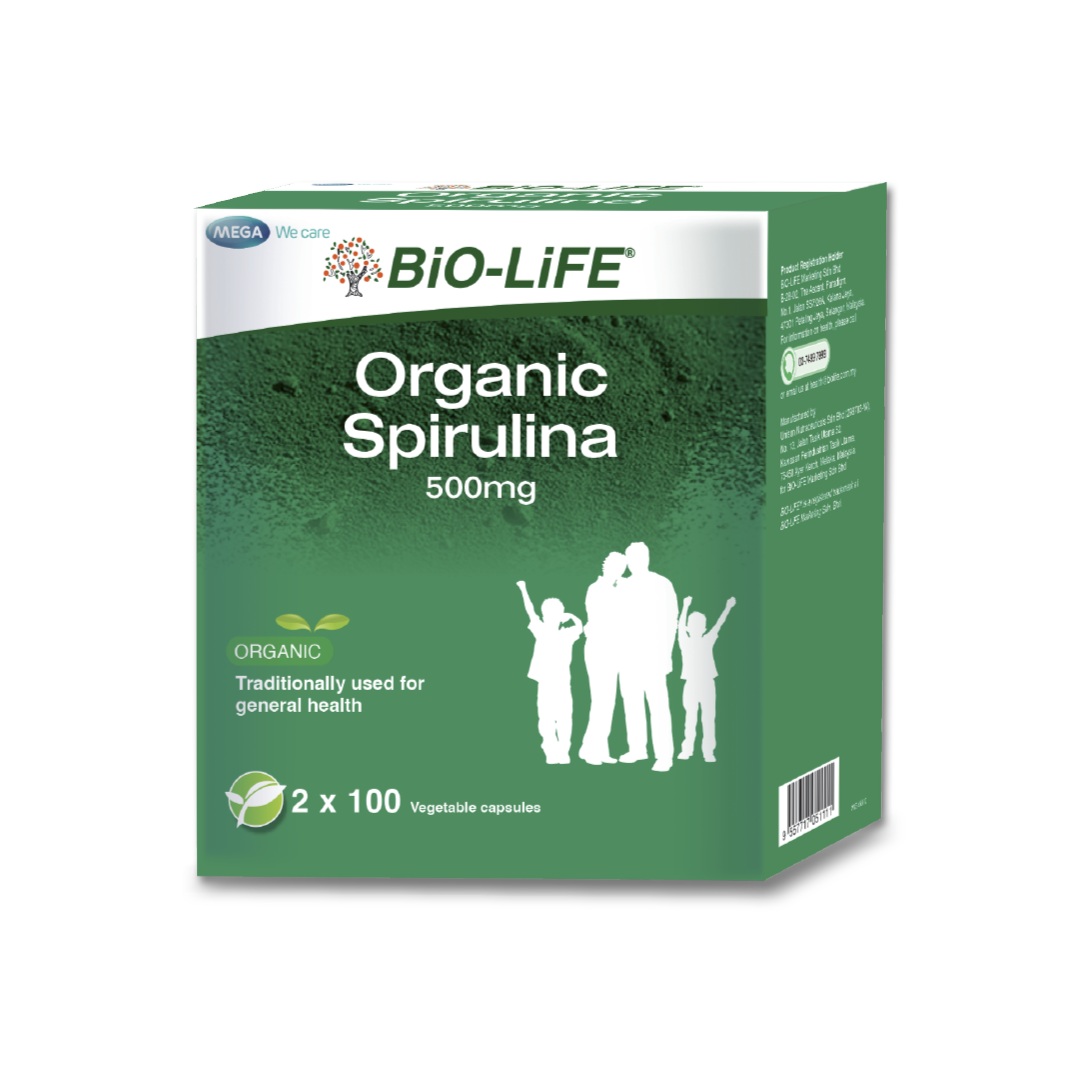 BiO-LiFE Organic spirulina 500mg 2 x 100 capsules (EXPIRY DATE OCT 2028)