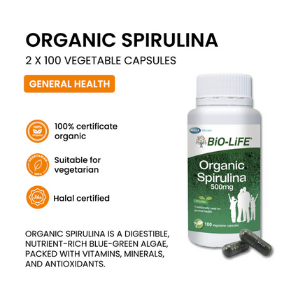 BiO-LiFE Organic spirulina 500mg 2 x 100 capsules (EXPIRY DATE OCT 2028)