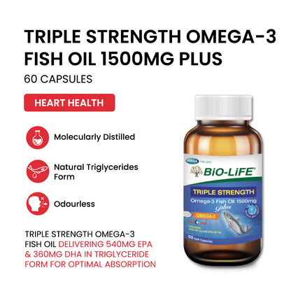 BiO-LiFE Triple Strength Omega-3 Fish Oil 1500mg Plus [ 60 Capsules] (EXPIRY DATE DEC 2028)