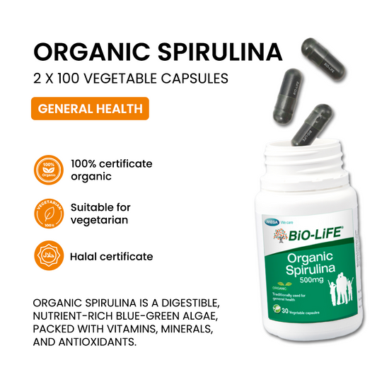 BiO-LiFE Organic Spirulina 500mg [ 2 x 30 capsules ]