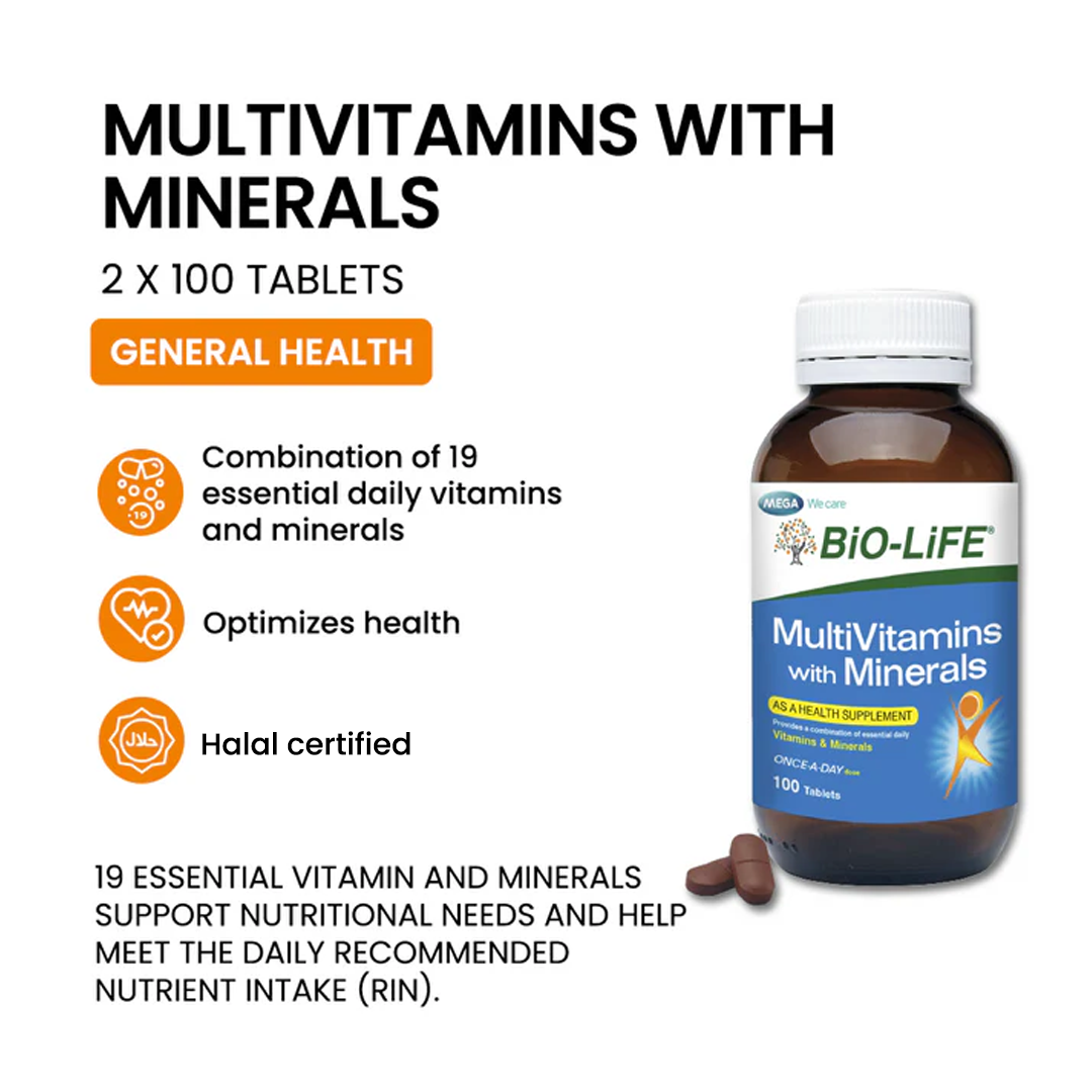 BiO-LiFE Multivitamins with Minerals 2 x 100 tablets (EXPIRY DATE MAR 2027)