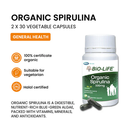 BiO-LiFE Organic spirulina 500mg 2 x 30 capsules (EXPIRY DATE FEB 2028)