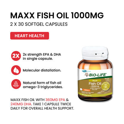 BiO-LiFE Maxx Fish Oil 1000mg [Double Strength Omega-3 EPA & DHA]