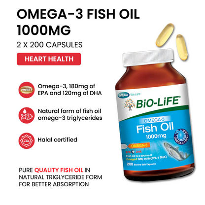 BiO-LiFE Omega-3 Fish Oil 1000mg [ 2 x 200 capsules ]