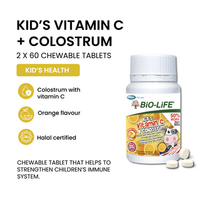 BiO-LiFE Kid’s Vitamin C + Colostrum 2 x 60 chewable tablets (EXPIRY DATE MAR 2026)