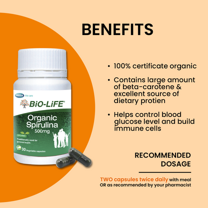 BiO-LiFE Organic Spirulina 500mg [ 2 x 30 capsules ]