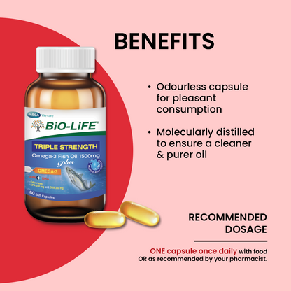 BiO-LiFE Triple Strength Omega-3 Fish Oil 1500mg Plus [ 60 Capsules] (EXPIRY DATE DEC 2028)