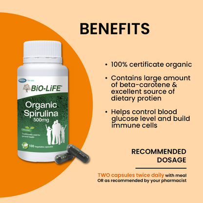 BiO-LiFE Organic spirulina 500mg 2 x 100 capsules (EXPIRY DATE OCT 2028)