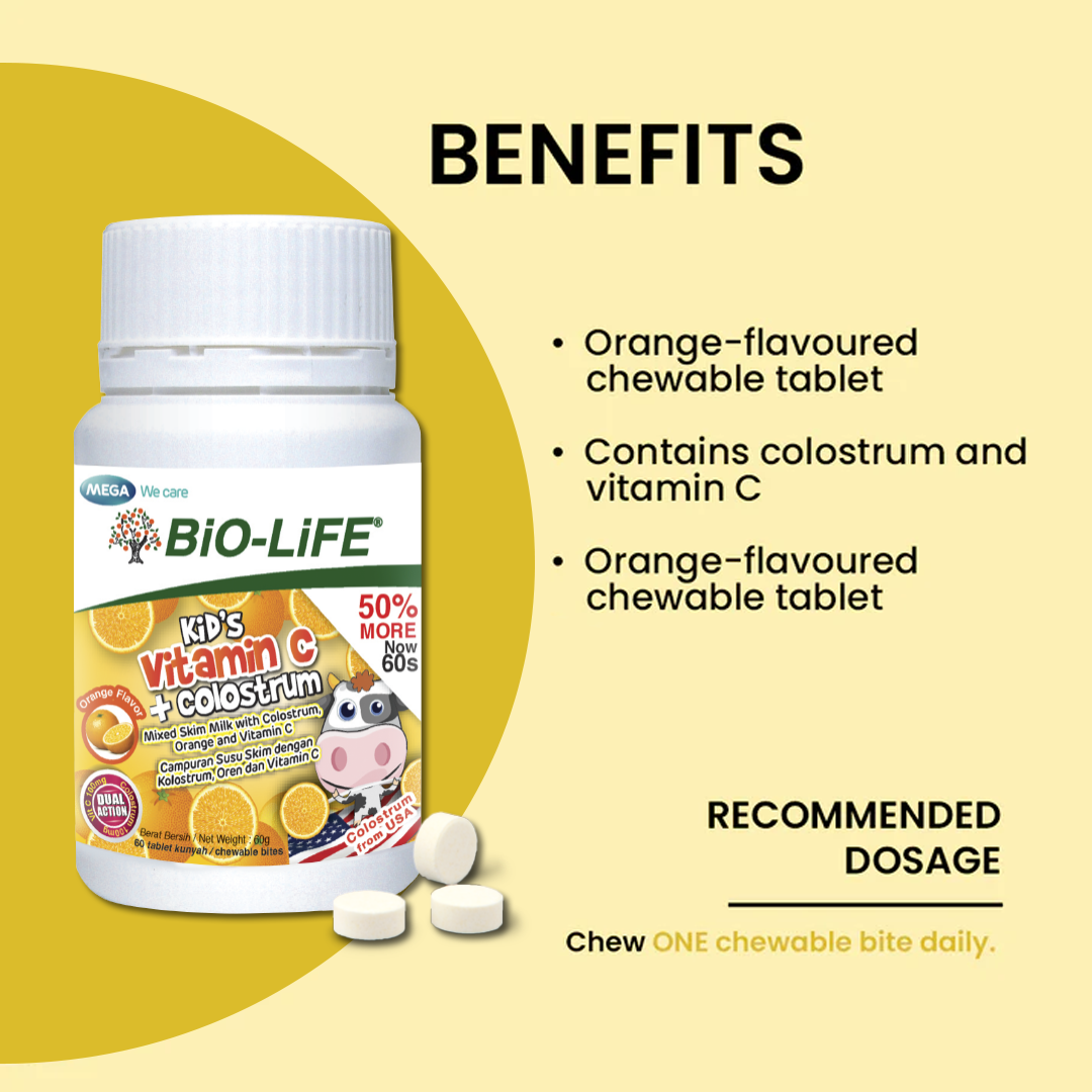 BiO-LiFE Kid’s Vitamin C + Colostrum 2 x 60 chewable tablets (EXPIRY DATE MAR 2026)