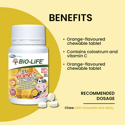 BiO-LiFE Kid’s Vitamin C + Colostrum 2 x 60 chewable tablets (EXPIRY DATE MAR 2026)