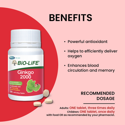 BiO-LiFE Ginkgo 2000 [ 2 x 30 tablets ]