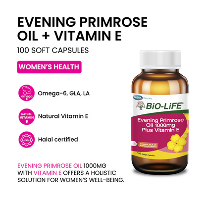 BiO-LiFE Evening Primrose Oil 1000mg & Vitamin E 100 capsules (EXPIRY DATE MAR 2027)