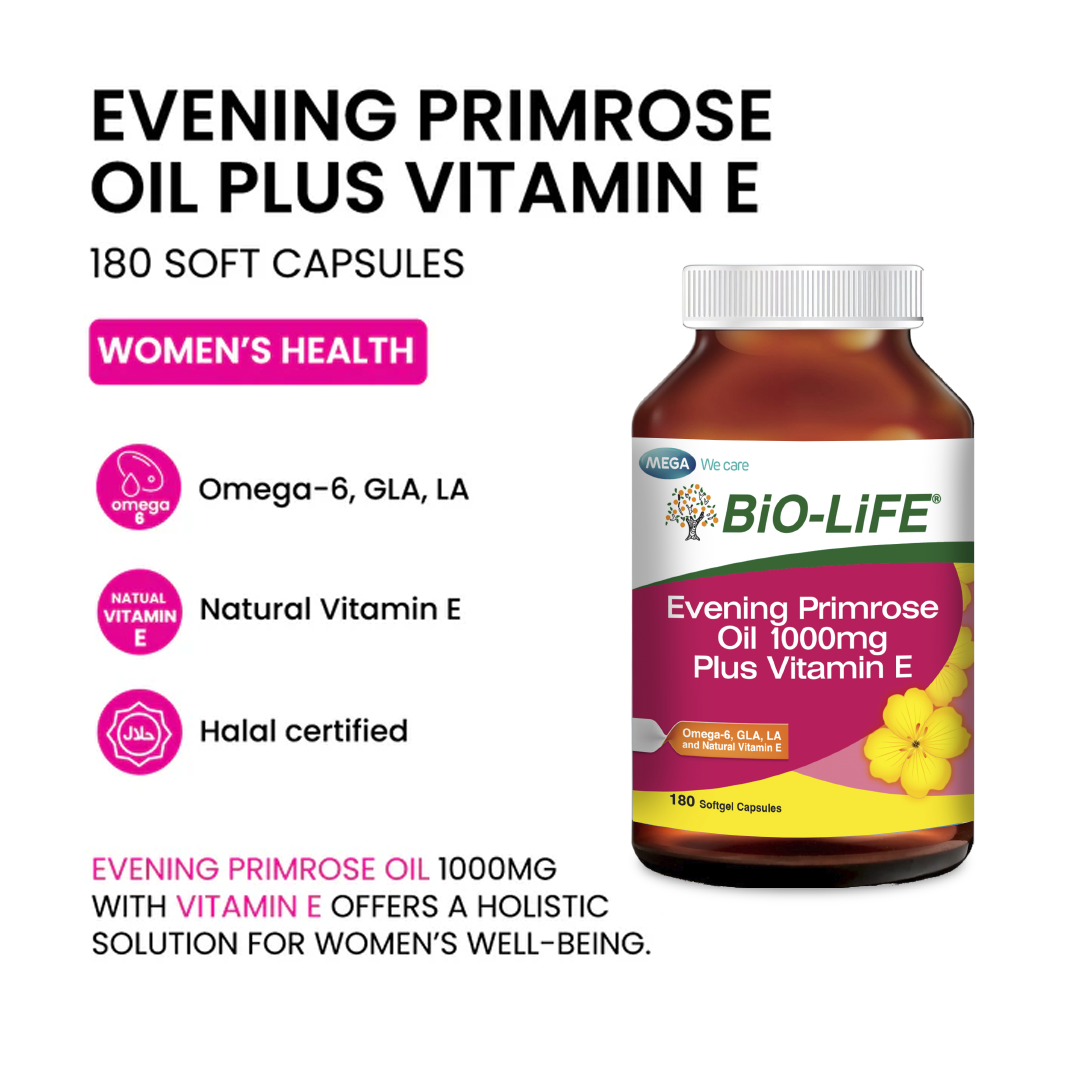BiO-LiFE Evening Primrose Oil 1000mg & Vitamin E 180 capsules (EXPIRY DATE MAR 2027)