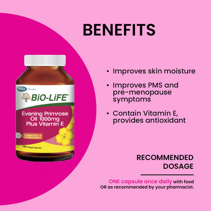 BiO-LiFE Evening Primrose Oil 1000mg & Vitamin E 180 capsules (EXPIRY DATE MAR 2027)