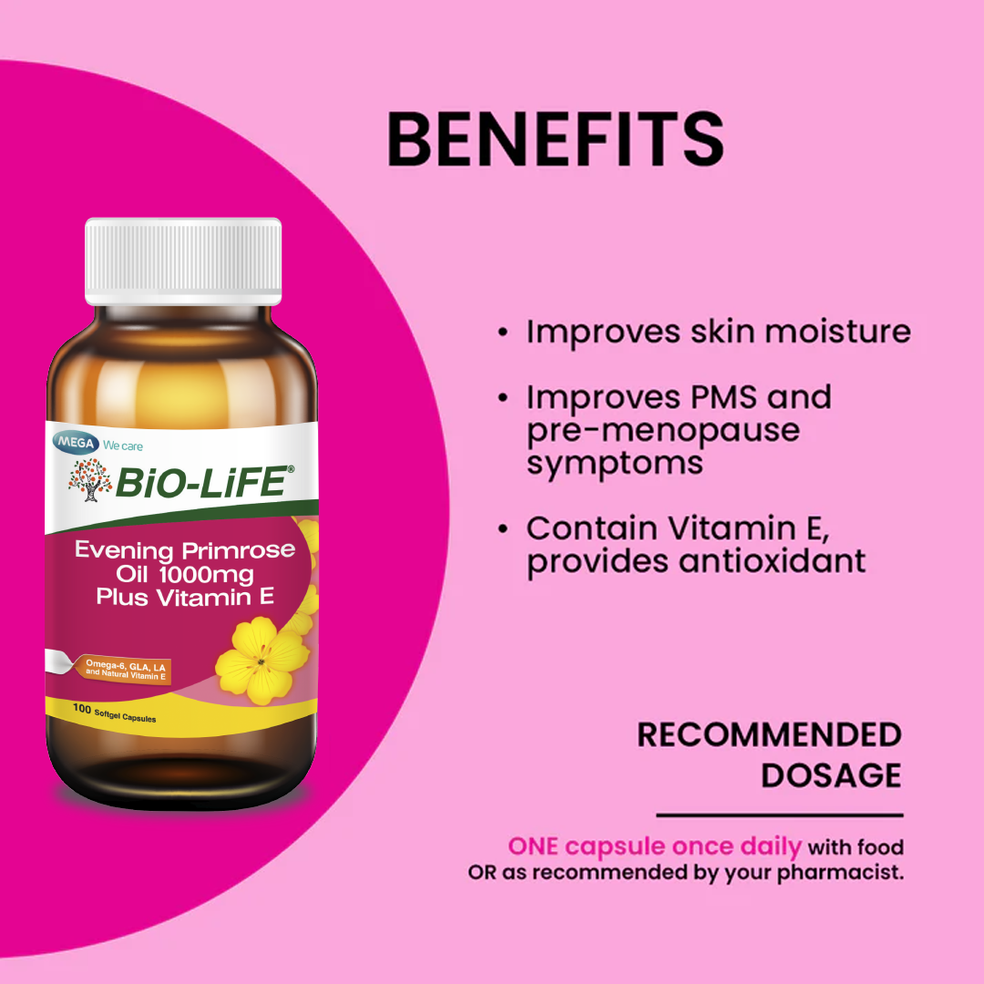 BiO-LiFE Evening Primrose Oil 1000mg & Vitamin E 100 capsules (EXPIRY DATE MAR 2027)