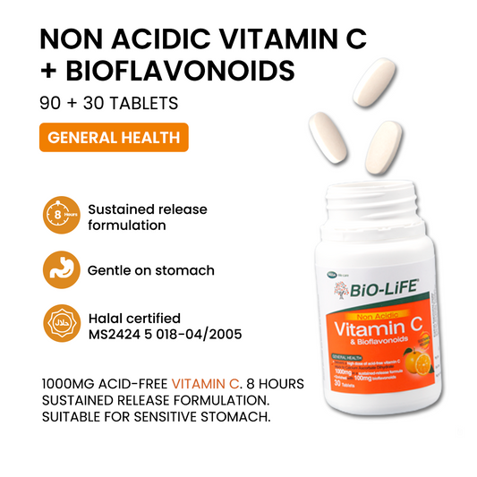 BiO-LiFE Non-Acidic Vitamin C & Bioflavonoids [ 90 tablets + 30 tablets ]
