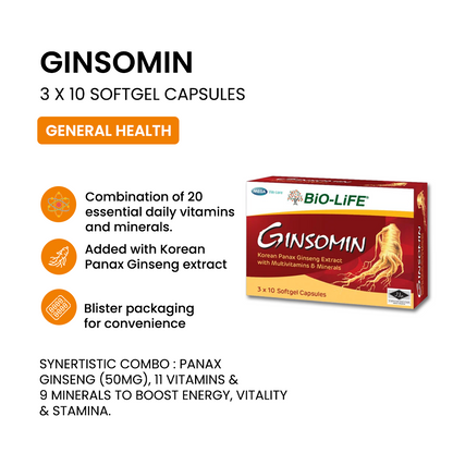 BiO-LiFE Ginsomin Korean Panax Ginseng Extract With Multivitamins with Minerals [ 30 capsules ]