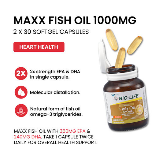 BiO-LiFE Maxx Fish Oil 1000mg (Double Strength Omega-3 EPA & DHA) [ 2 x 30 capsules ]