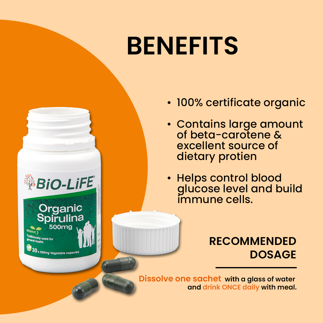 BiO-LiFE Organic Spirulina 500mg [ 2 x 100 capsules ]