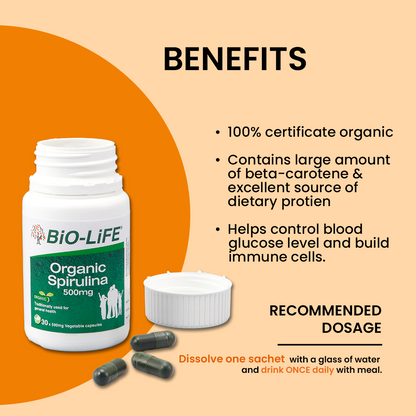 BiO-LiFE Organic Spirulina 500mg [ 2 x 100 capsules ]