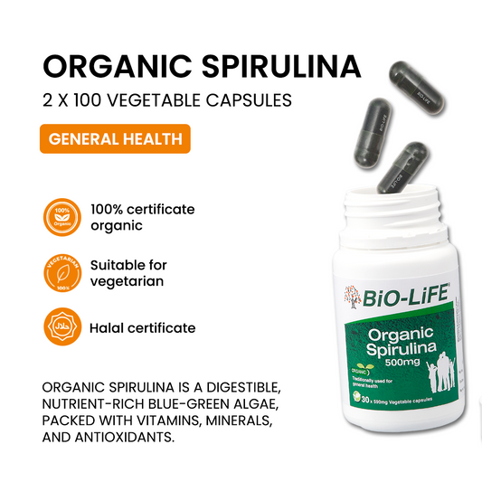BiO-LiFE Organic Spirulina 500mg [ 2 x 100 capsules ]