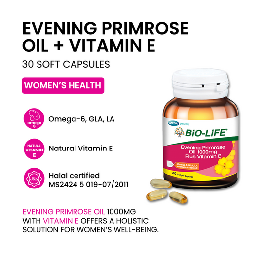 BiO-LiFE Evening Primrose Oil 1000mg & Vitamin E [ 30 capsules ]