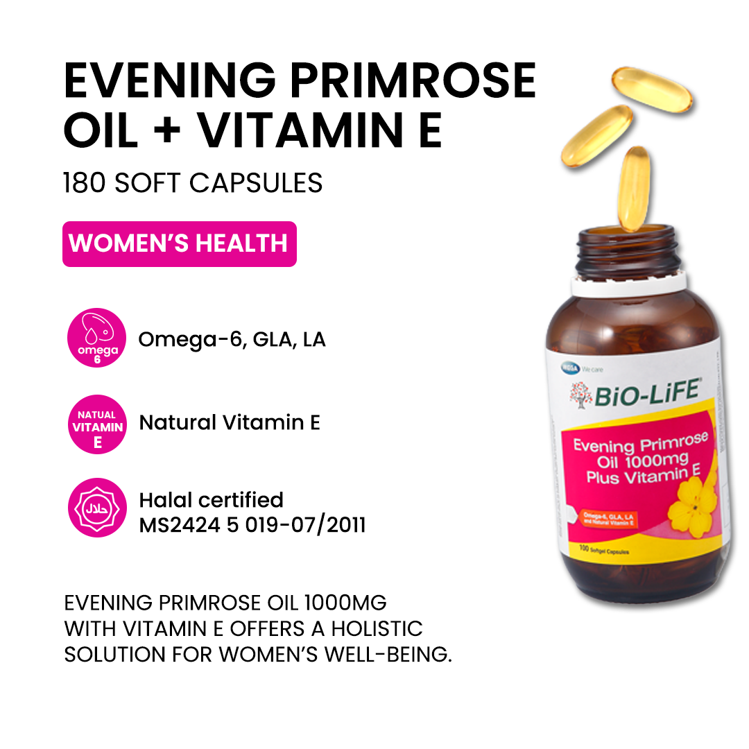 BiO-LiFE Evening Primrose Oil 1000mg & Vitamin E [ 180 capsules ]