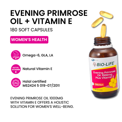 BiO-LiFE Evening Primrose Oil 1000mg & Vitamin E [ 180 capsules ]